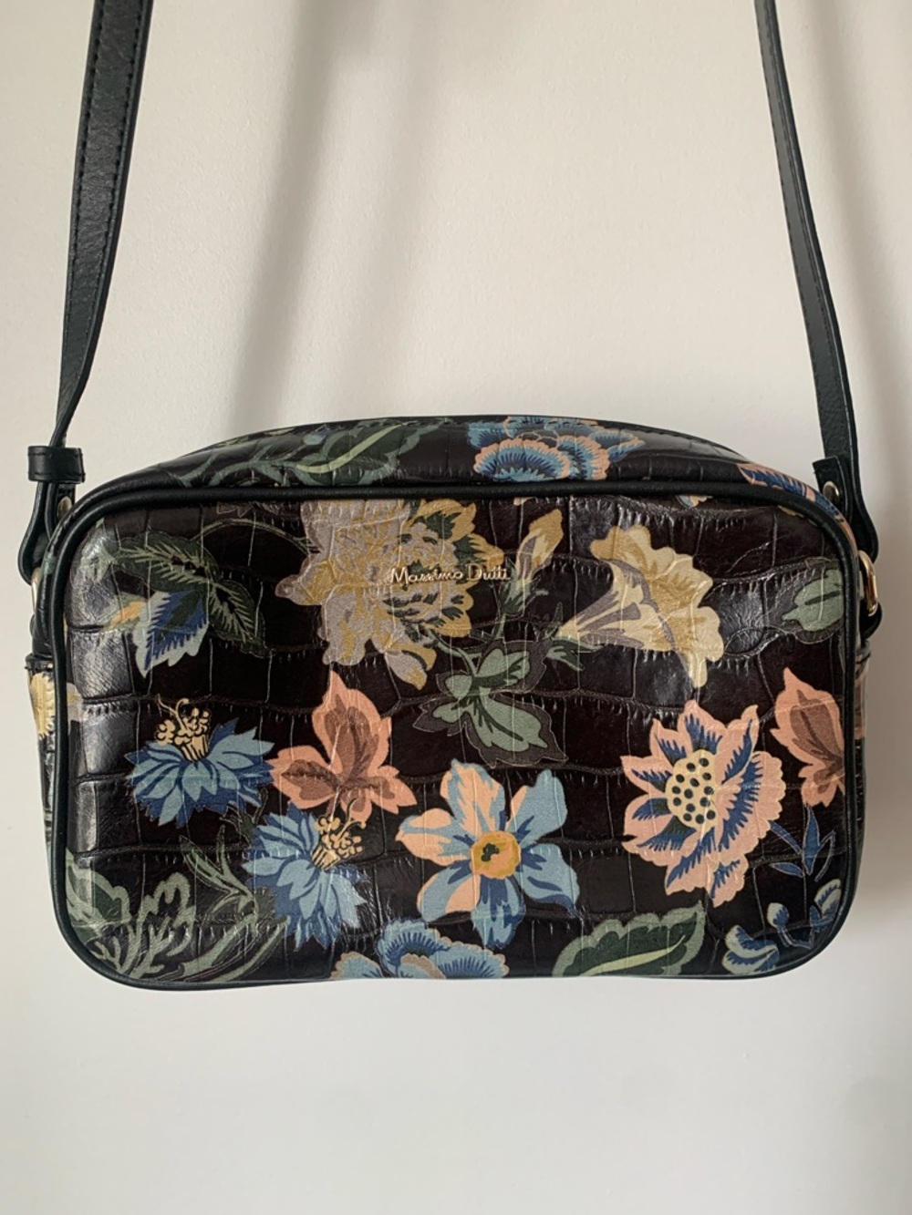 Massimo Dutti Black Floral Croc-Embossed Crossbody